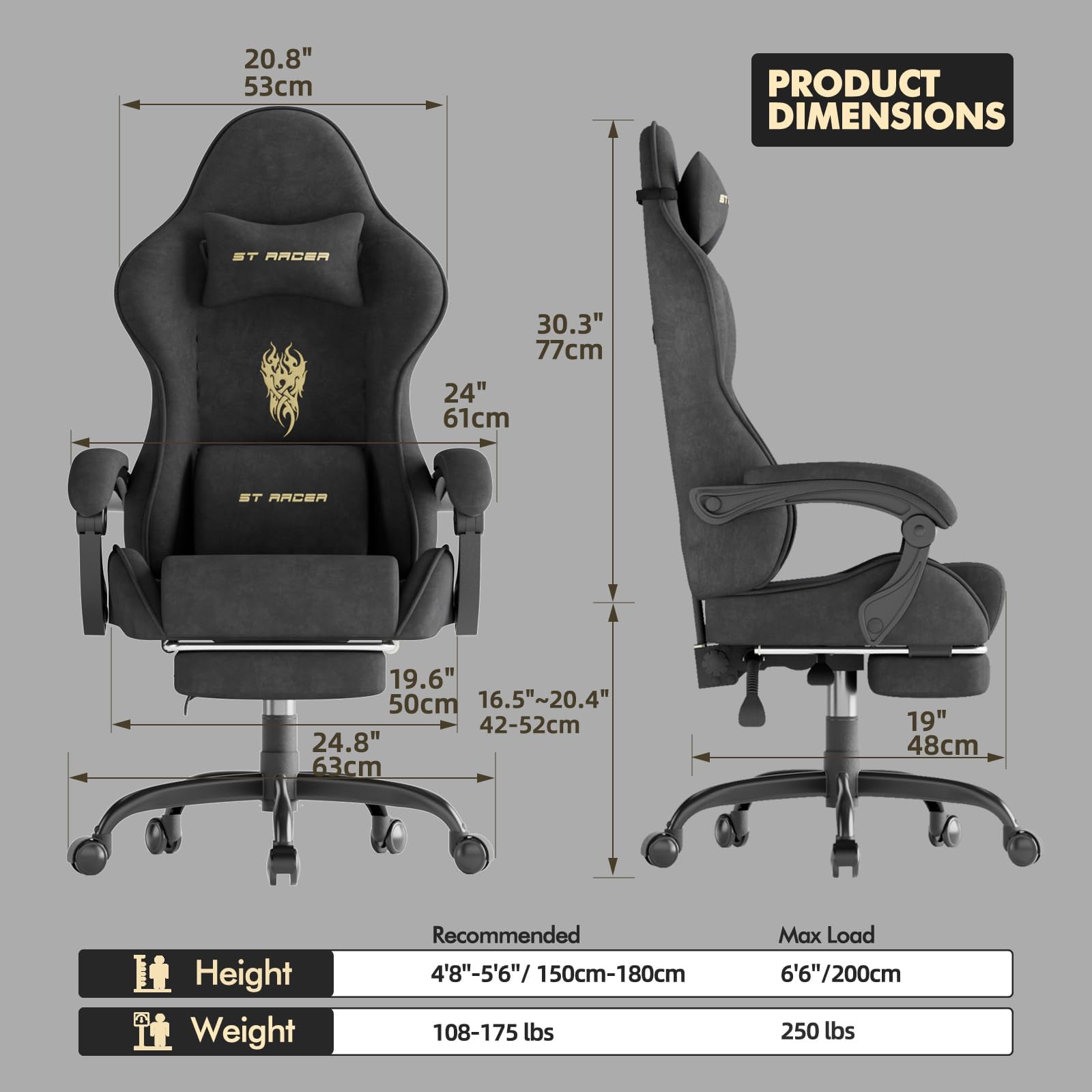 Chaise Gaming Chaise Ergonomique Bureau,Fauteuil Game Repose-Pieds Rétractable & Dossier Réglable,Confort Tissu Velours, Noir