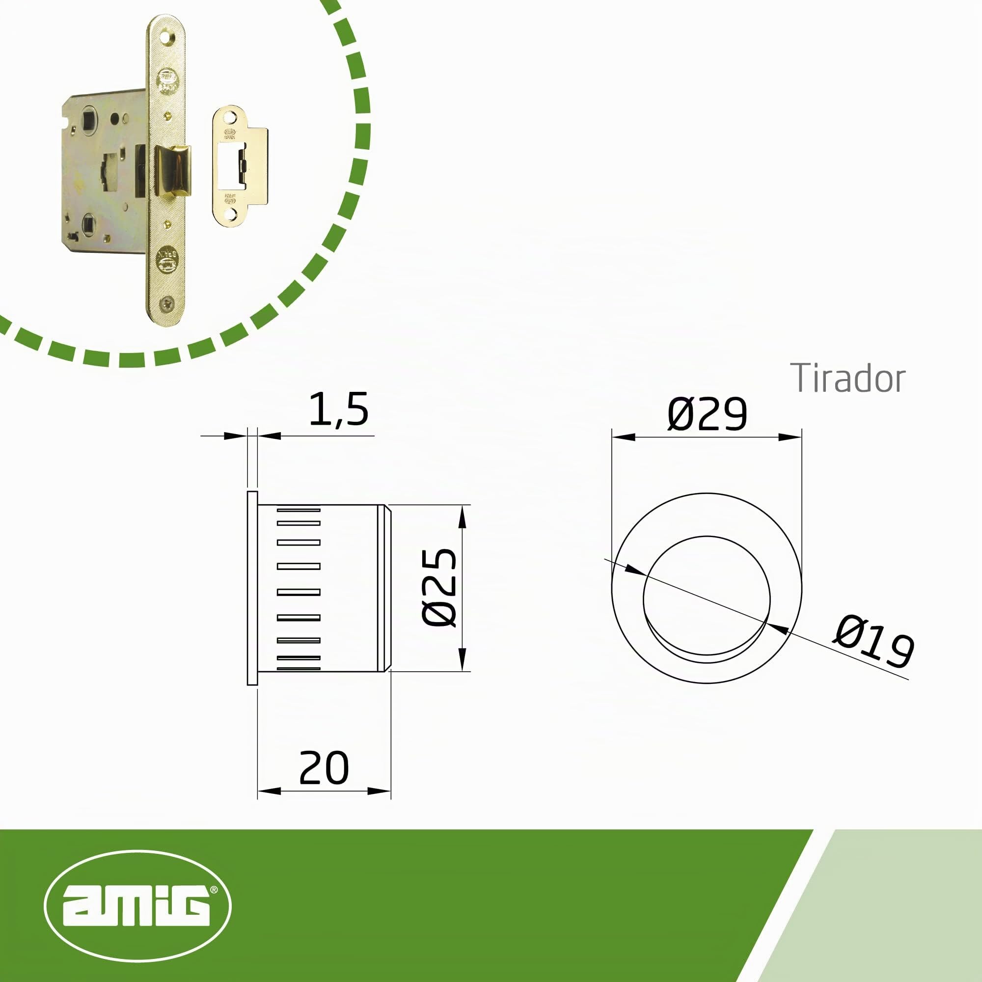 Amig - Cerradura de Embutir Mod.611 con Muletilla y Tirador de Desbloqueo para Puertas Correderas de Madera de Espesor 35-40 mm - Entrada: 50 mm - De Acero con Acabado Latonado