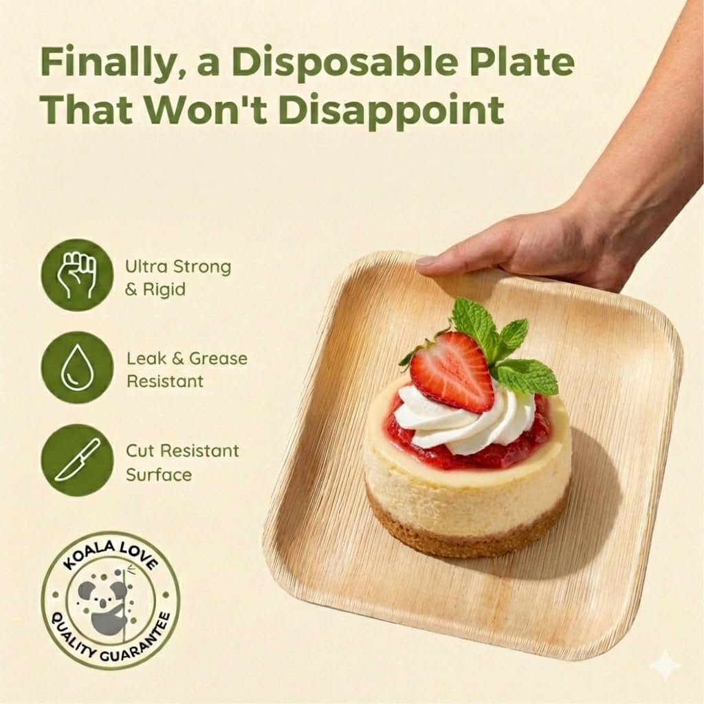 Palm Leaf Plates Bamboo Paper Disposable 4 Inch 200 Bulk Appetizer and Dessert Square Plate Party Pack Eco Biodegradable Compostable Wooden Better Than Plastic Plates By KoalaLove - Image 2