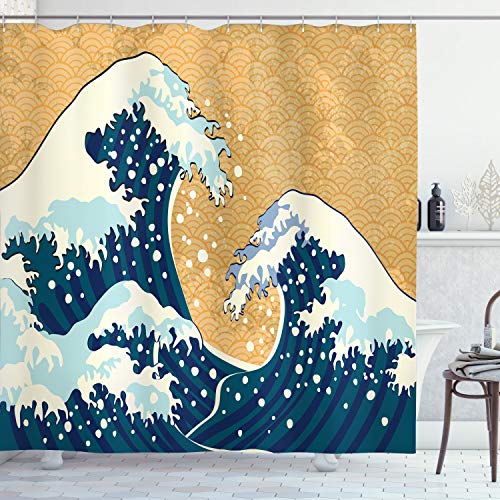 ABAKUHAUS Japanische Welle Duschvorhang, Schäumende Sea Storm, Stoffliches Gewebe Badezimmerdekorationsset mit Haken, 175 x 180 cm, Erde Gelb Dunkelblau