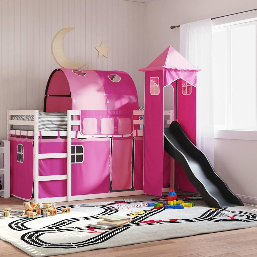 Letto a castello con scivolo e tende, rosa, 90 x 200 cm | Legno di pino massiccio, ringhiere di sicurezza su 4 lati, scala inclusa, base a doghe
