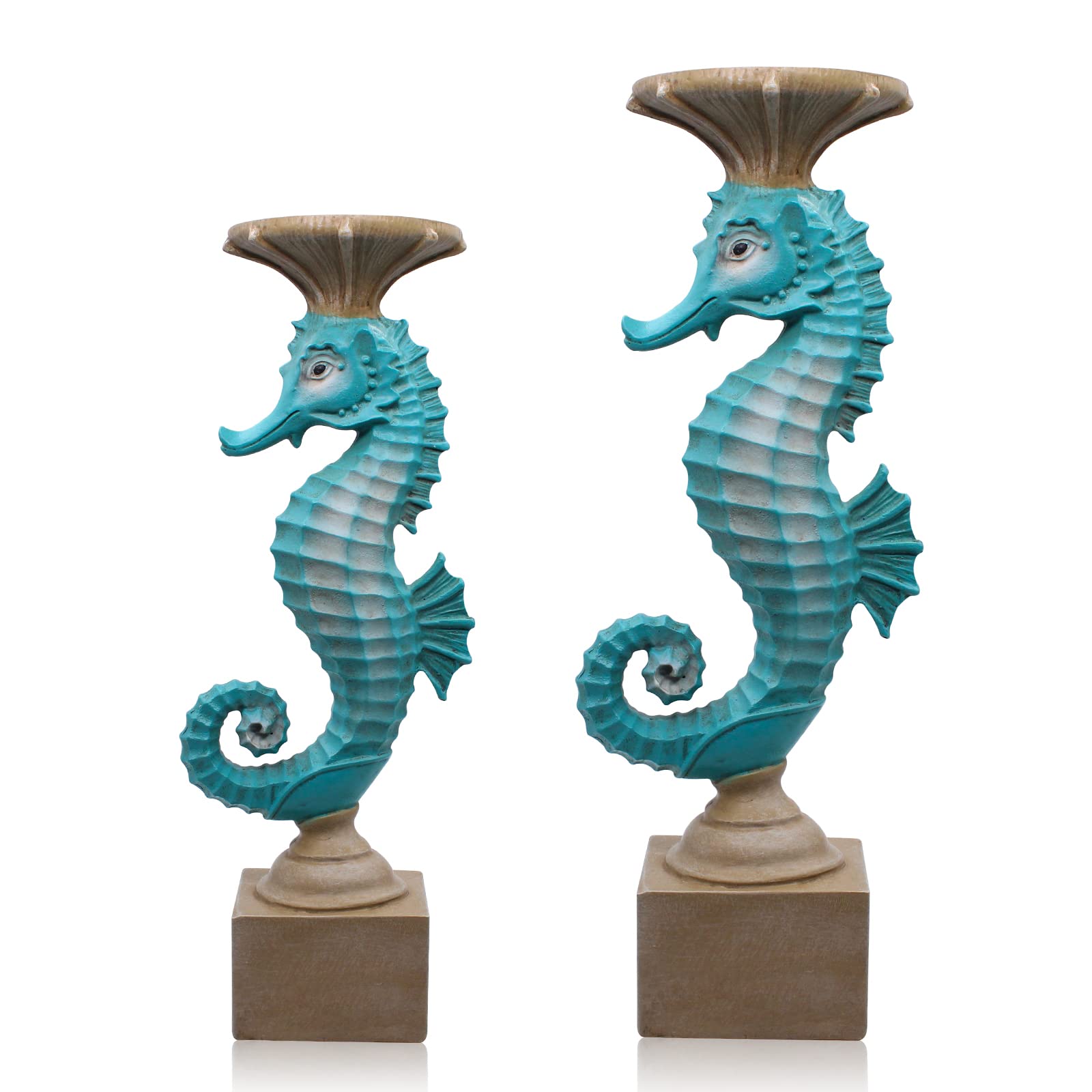 Seahorse Pillar Candle Holder Blue Seahorse Candle Holder Nautical Decor Candle Holder 11.6" H and 13.9" H,Antique Style Modern Decorative Candlestick