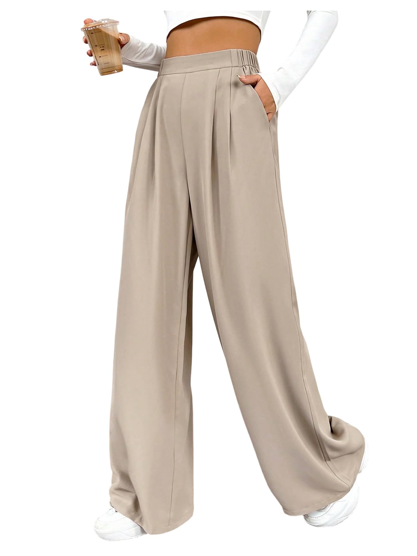 GORGLITTER Womens High Elastic Waist Dress Pants Wide Leg Pleated Gaucho Pants Casual Business Office Work Trousers