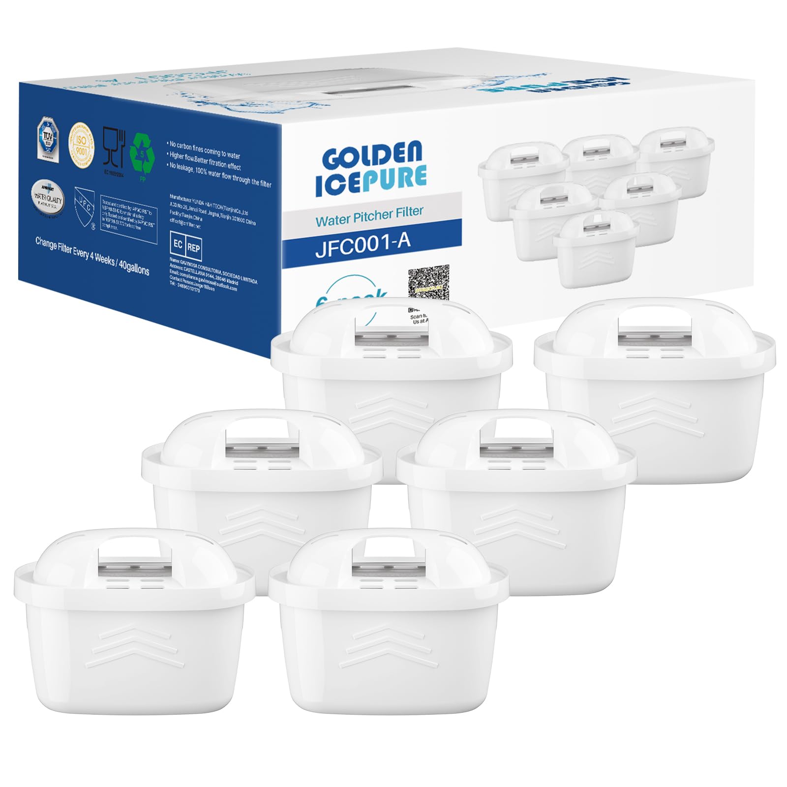 GOLDEN ICEPURE Water Filter Cartridges,Compatible with Brita Maxtra+,Maxtra Plus,Maxtra Pro All-in-1,Brita Marella Jug,Kettle,Mavea, Anna Duomax,Reduce PFAS, PFOA/PFOS, TÜV SÜD, NSF Certified, 6 Pack