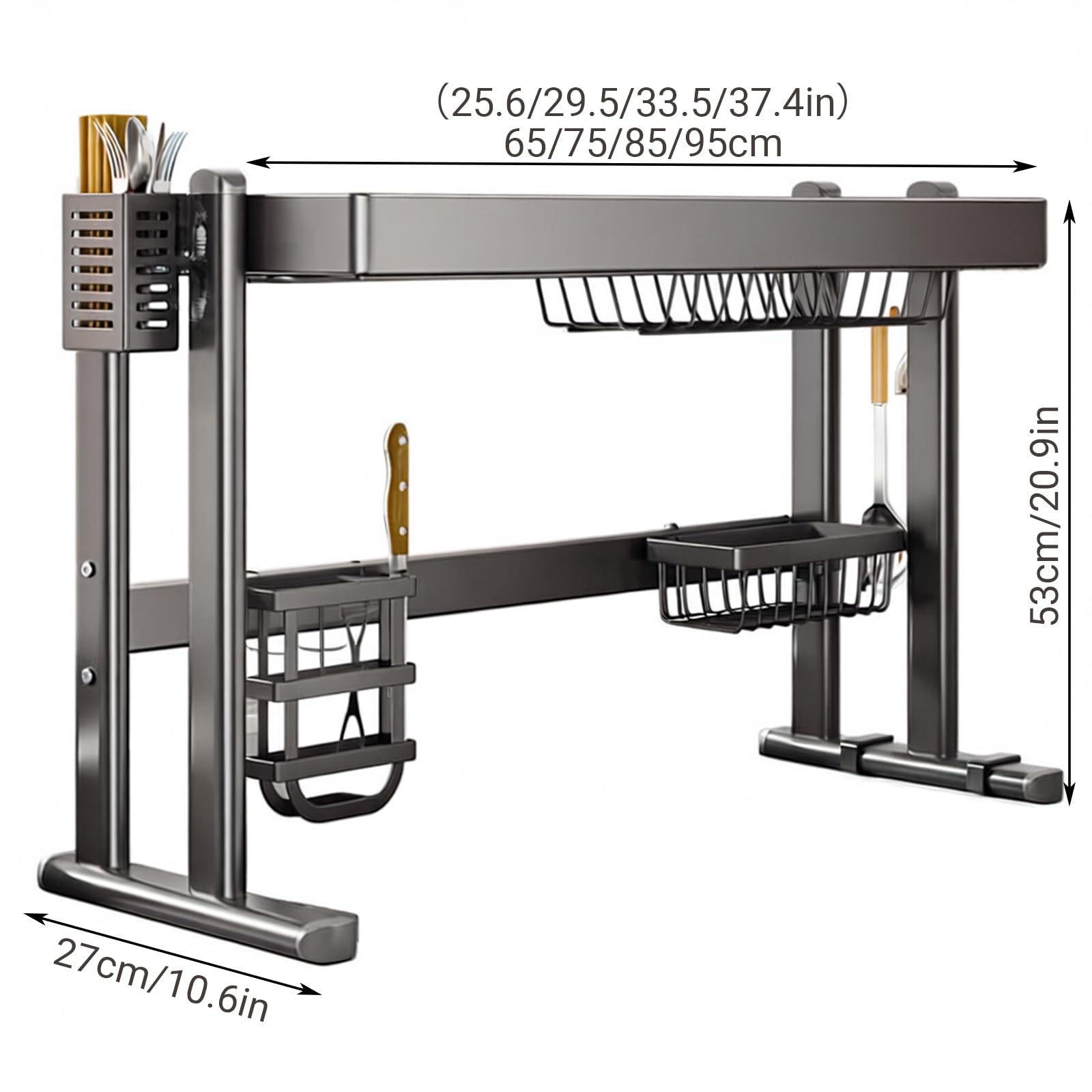 Escurridor vertical grande de 1/2 niveles de acero inoxidable para cocina sobre el fregadero, estante de almacenamiento multifunción para platos, cuencos, cestas de utensilios (una capa, 95 cm)