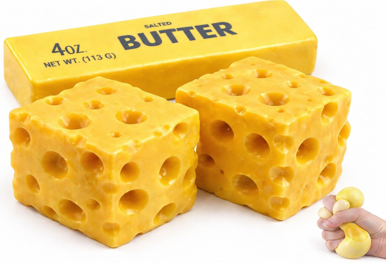 3Pcs Butter Cheese Squishy Squeeze Toys, Salted Butter Design Stress Relief Squishies for Desk, Slow Rising Squishy Cheese Block, 4oz Replica Sensory Fidget for Adults, Relief Desk Decor