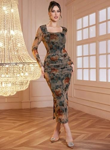 Women's Floral Print Long Sleeve Bodycon Midi Dress, Square Neck, Brown and Orange Pattern