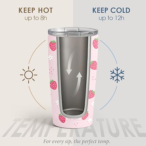 Miniatura 3 de Vaso de fresa de 20 onzas, taza de viaje de acero inoxidable con tapa, taza de café aislada, regalos de fresa para mujeres, niñas, amigas, hermanas