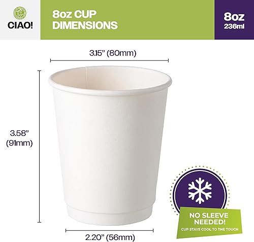 Miniatura 4 de Ciao! Vaso caliente de papel de pared doble aislado de 8 onzas, blanco, 500 unidades