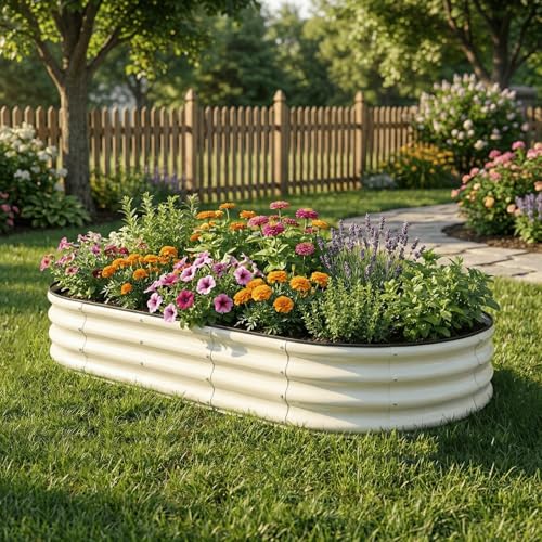 Image of SnugNiture 2 Pcs 6x3x1ft Oval Metal Raised Garden Bed for Vegetables, White | Protective rubber edging strips thickened corrugated galvanized steel
