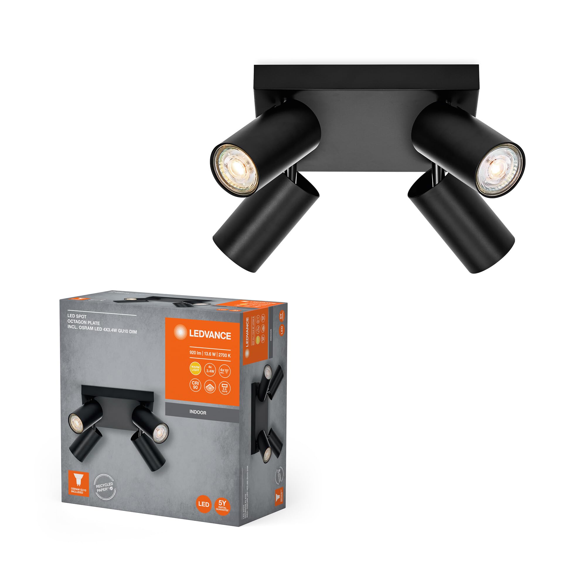 LEDVANCE LED SPOT Octagon PL 4 x 3.4W, GU10, 920lm, Black, 2700K Color Temperature, Warm White Light Color, Timeless, Replaceable LED lamp, Ideal for Indoors, CRI 90, Adjustable Heads, dimmable