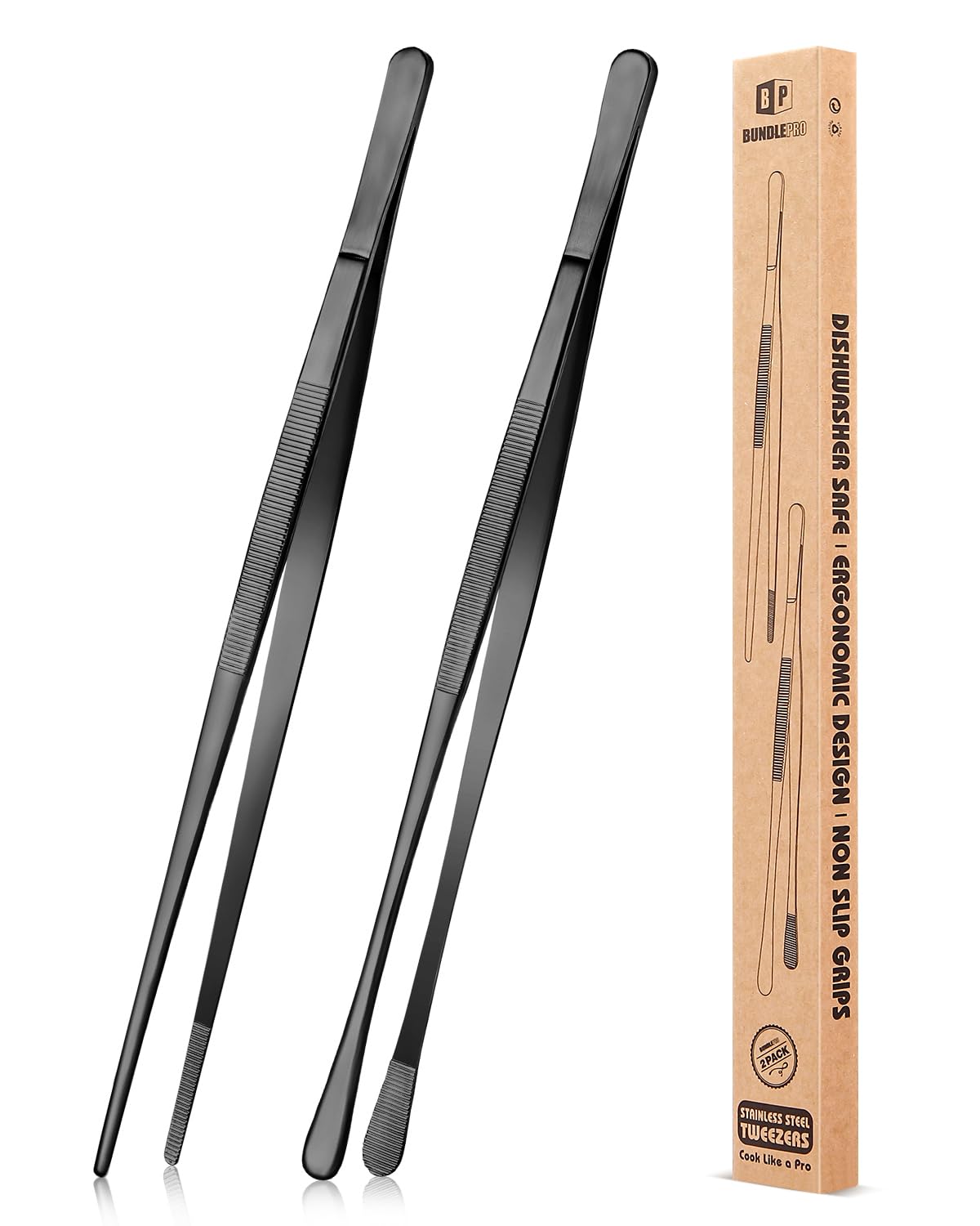 BUNDLEPRO 2-Pack 12-Inch Black Kitchen Tweezers