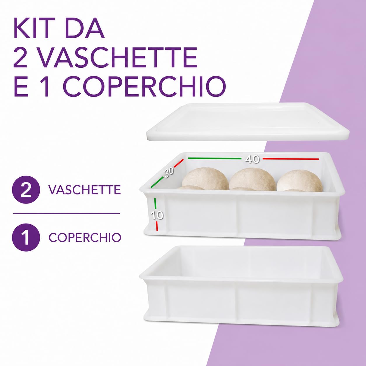 LUNEDA Set 2 Cassette Lievitazione + 1 Coperchio 40 x 30, Contenitore Pizza e Pane Made in Italy per Lievitazione Impasto Pizza Sovrapponibile, Vaschette Portaimpasto in Polietilene 12 L