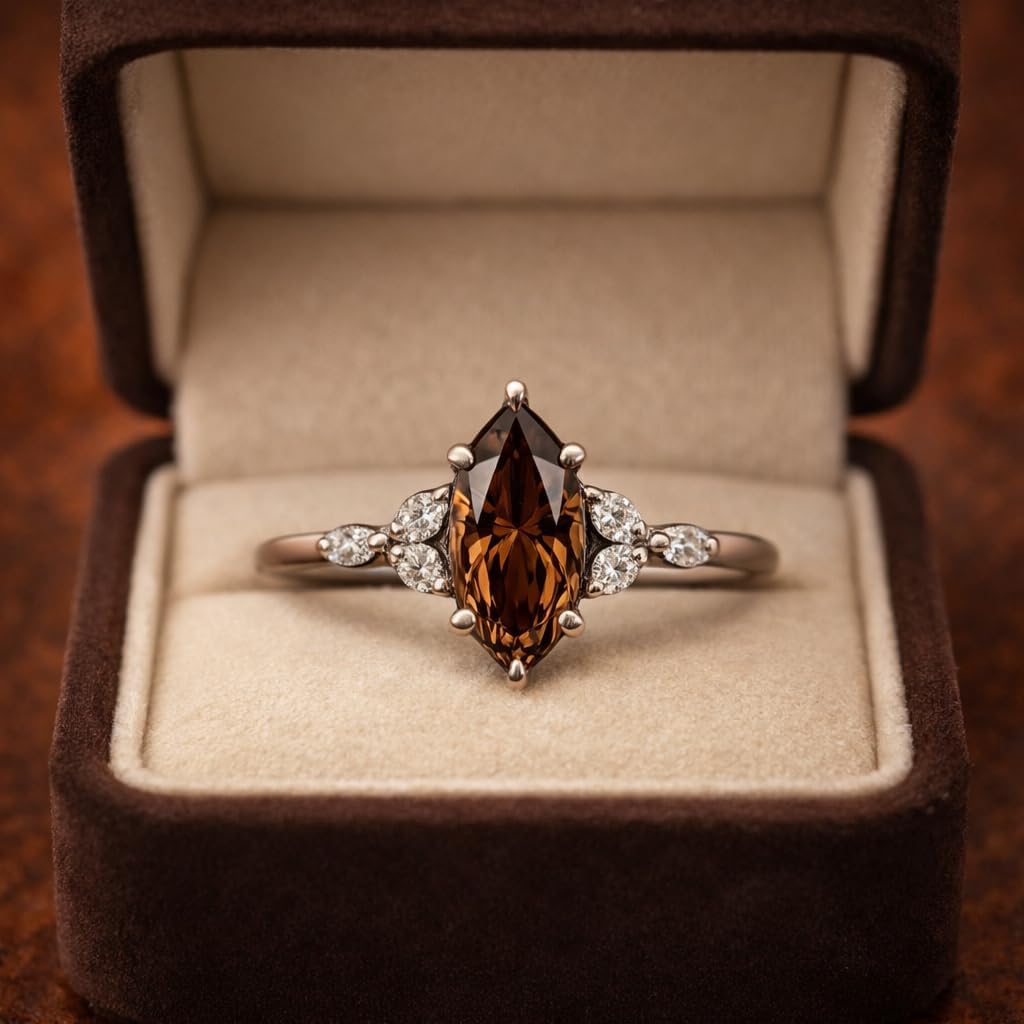 Marquise Cut Smoky Quartz Engagement Ring for Women 14K Rose Gold CZ Diamond Accent Ring Vintage Inspired Wedding Unique Promise Jewelry Gift for Her