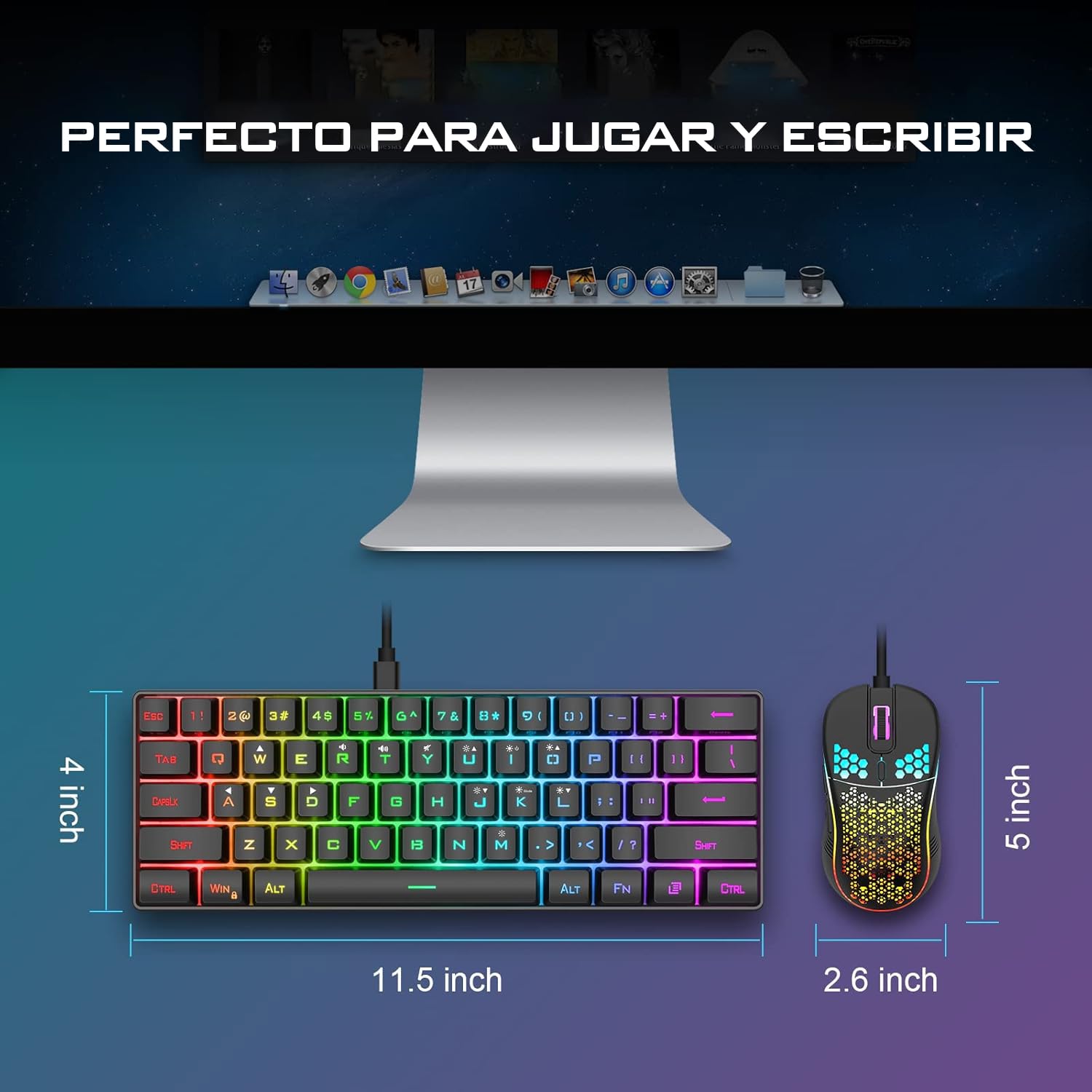 RedThunder K62 - Tastiera e mouse da gaming RGB 60% in lingua spagnola, mini tastiera ultra compatta retroilluminata ed ergonomica, mouse da gaming ottico 7200 dpi, compatibile con PC, PS5, Xbox (nero