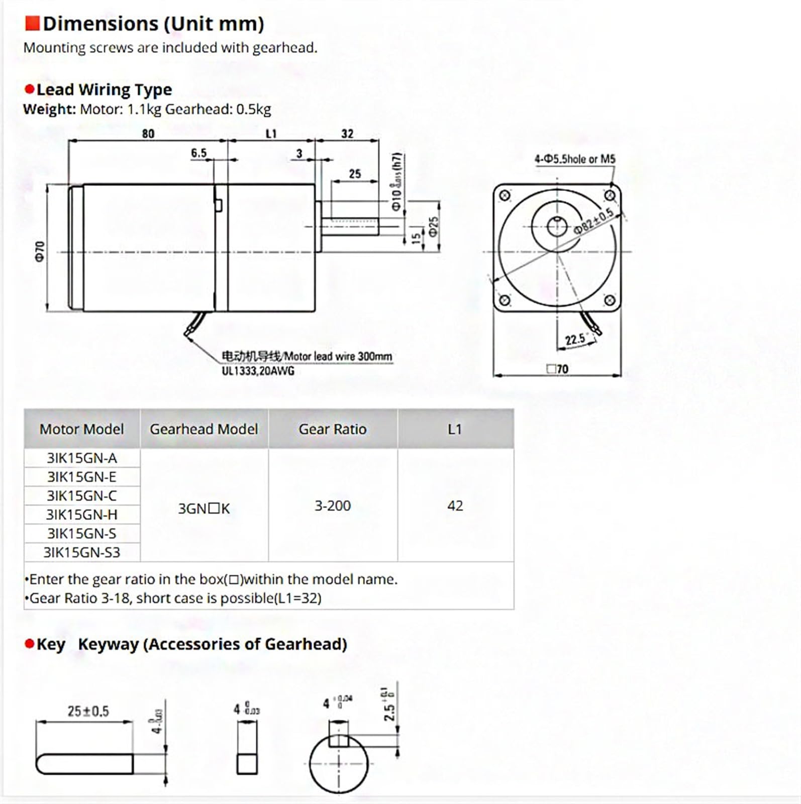 Motorreductor reversible de 220 V CA, 15 W, 3IK15GN-C, motor de inducción, potencia nominal continua, monofásico, 50 Hz Reducción de par(3.6:1)