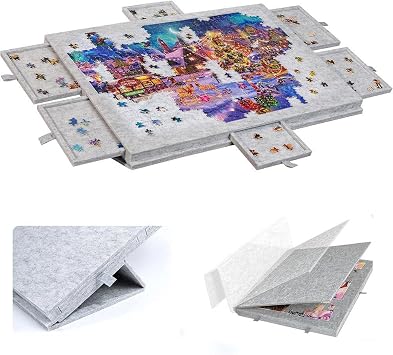 Tilting Jigsaw Puzzle Board, 1000 Pieces Lightweight Puzzle Board with 2-in-1 Designed Stand & Cover, Anti-slip Felt Jigsaw Board with 6 Drawers for Adults and Kids - Silver Gray