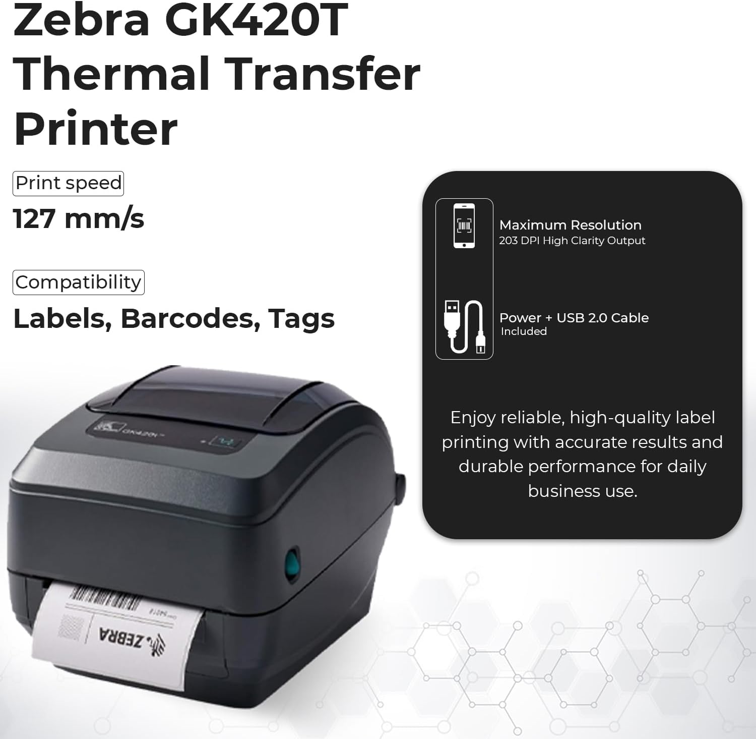 GK420T Thermal Transfer Desktop Printer for Labels, Receipts, Barcodes, Tags - 1 Year Warranty with USB 2.0 Cable (Renewed) - Image 3