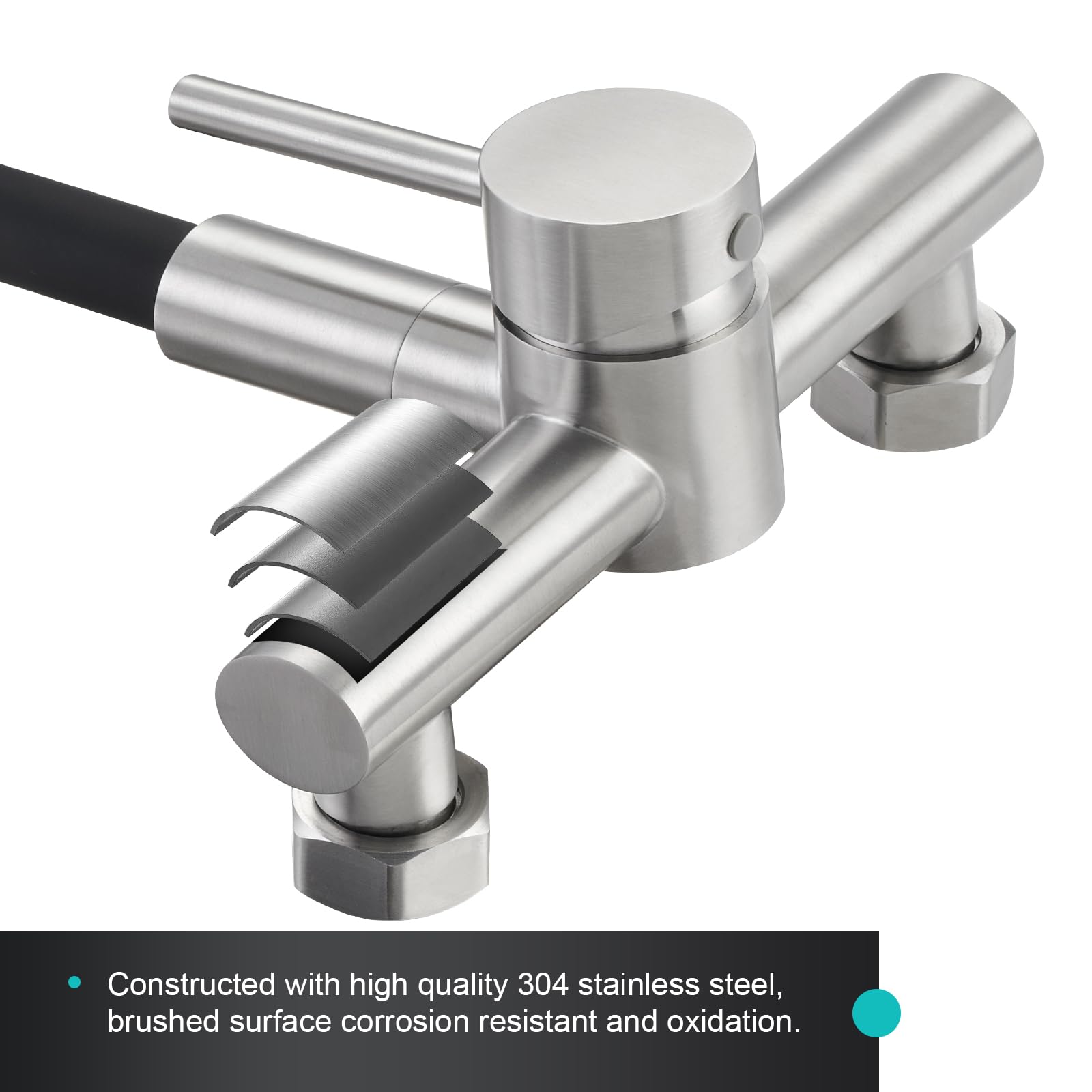 CREA Grifo Cocina Pared Mezclador Monomando Flexible 360° con Pulverizador de Cuatro Función Palanca, Grifo para Fregadero de Cocina con Manguera de Silicona Negra, Acero Inoxidable Cepillado