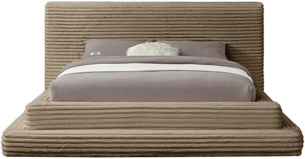 BOWERY HILL Contemporary Full Bed, Textured Soft Taupe Corduroy Fabric, 81" W x 96" D x 42" H, High Headboard, Triple Tier Design, Modern Bedroom Furniture
