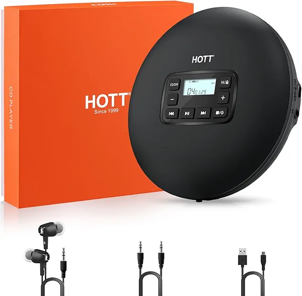 HOTT C204 Basic Portable CD Player with Anti-Skip Protection - AA Battery Powered, Compact CD Players MP3/CD-R Compatible, Built-in Headphones & AUX Output for Car, Home, Trave Multiple cd P