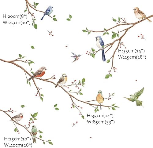 Miniatura 4 de Runtoo Calcomanías de pared de ramas de pájaro en árbol, acuarela, pájaros, flores, calcomanías de pared para dormitorio, sala de estar, oficina,