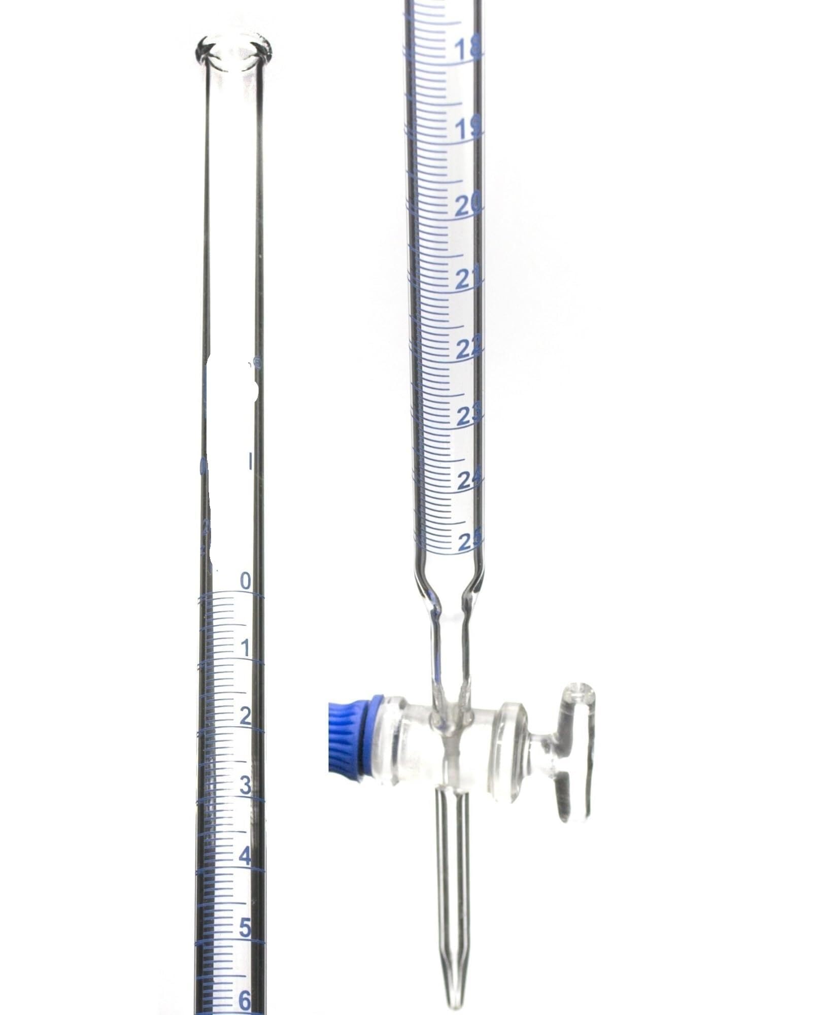 Buretta in Borosilicato Classe A 25 mL - Graduazioni 0,1 mL, Rubinetto in Vetro per Titolazione Preciso