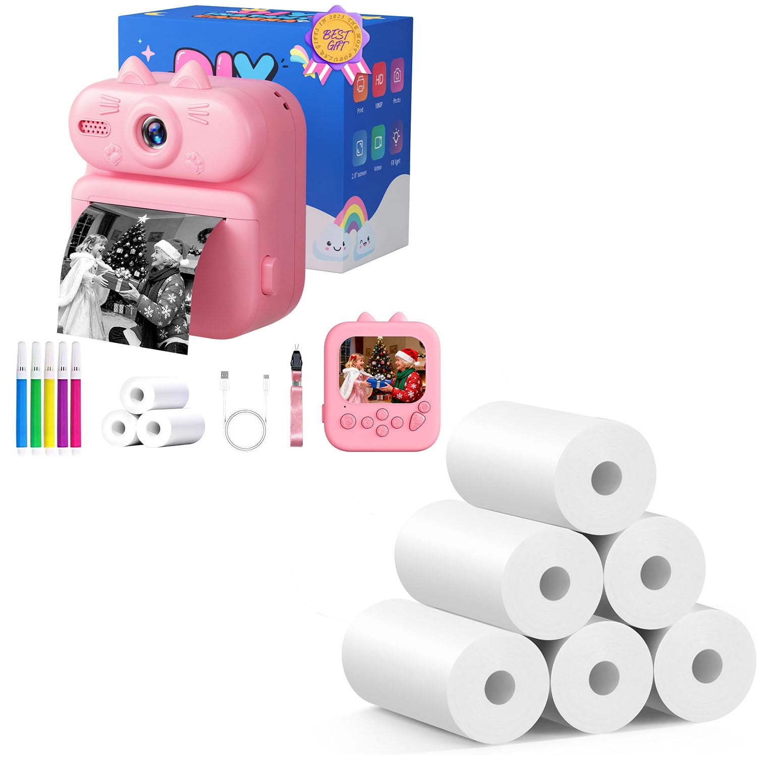 Kids Camera Instant Print - Pink Cat with 6 Rolls Refills Paper