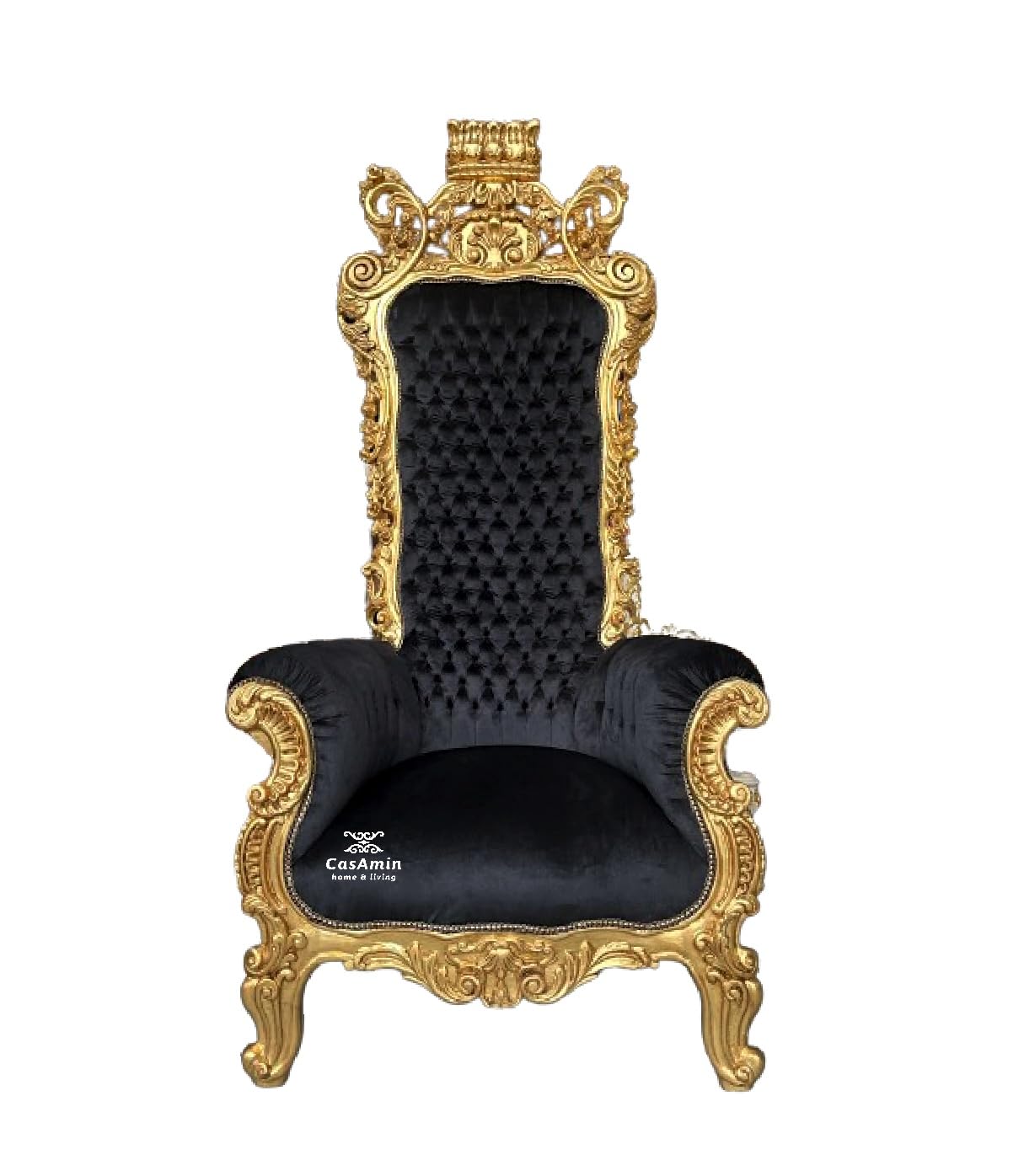 CasAmin Home & Living Sillón gigante con corona dorada, trono de terciopelo negro con mechones de pelo en estilo barroco con acabado dorado para decoración comercial como decoración de fiestas y