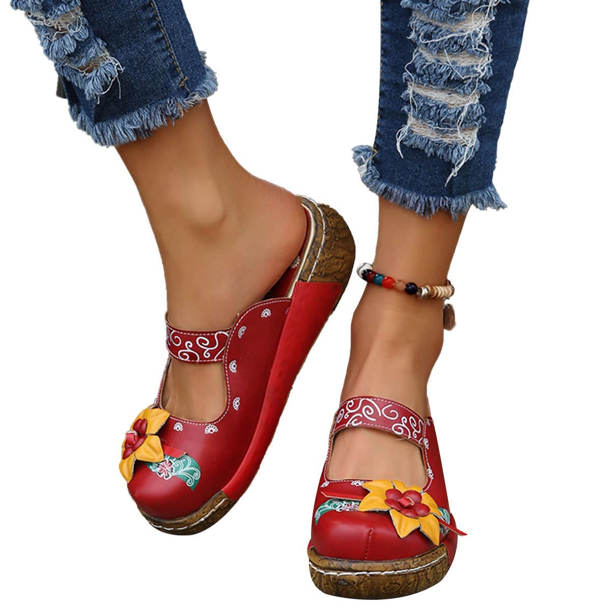 Sabots Femme Sandales Chaussures Compensées Clogs Mules Plateforme Sandales en Cuir Été Fille Vintage Pantoufles Chaussures Confort pour Pieds Larges