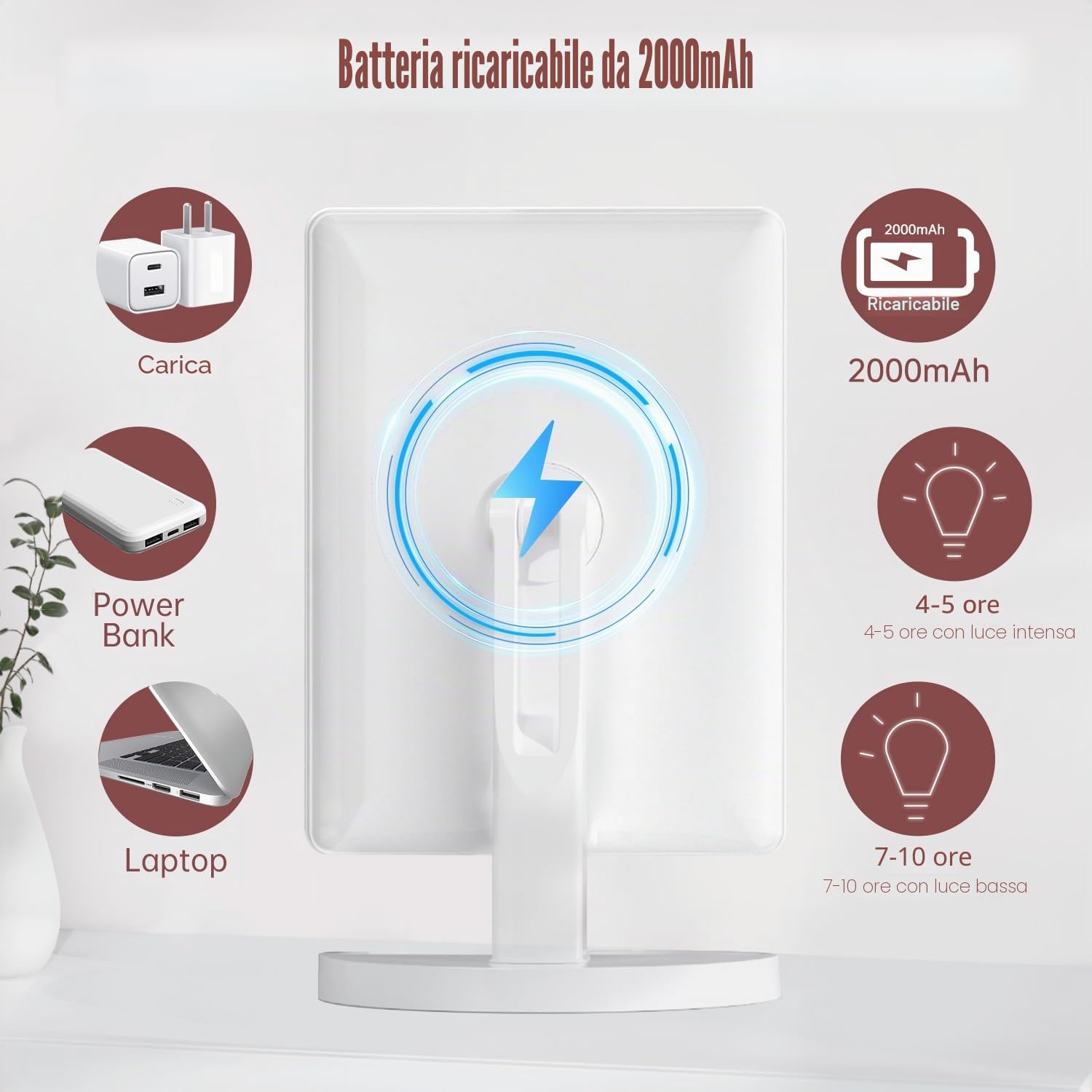 Ricaricabile Grande Specchio Trucco con Luci, 45 LED Schermo Tattile Lampade da Cucina con Ingrandimento 10x Regolabile 360° di Rotazione con Batterie per Cosmetici Specchio Ingranditore (Bianco)