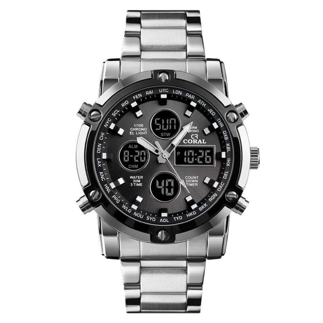 Mens Wrist Watch, Waterproof, Analog & Digital Watches with LED Multi Time Chronograph, Stainless Steel, Watches for Men (Black-Silver)