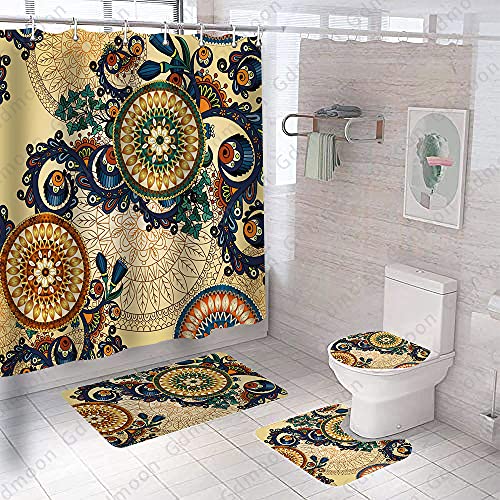 Gdmoon Boho Mandala Flower Shower Curtain Big Circle Paisley Pattern Retro Ethnic Tribal Floral Hippie Psychedelic Medallion Bright Colors Bathroom Curtain Set 72X72In #TOP6
