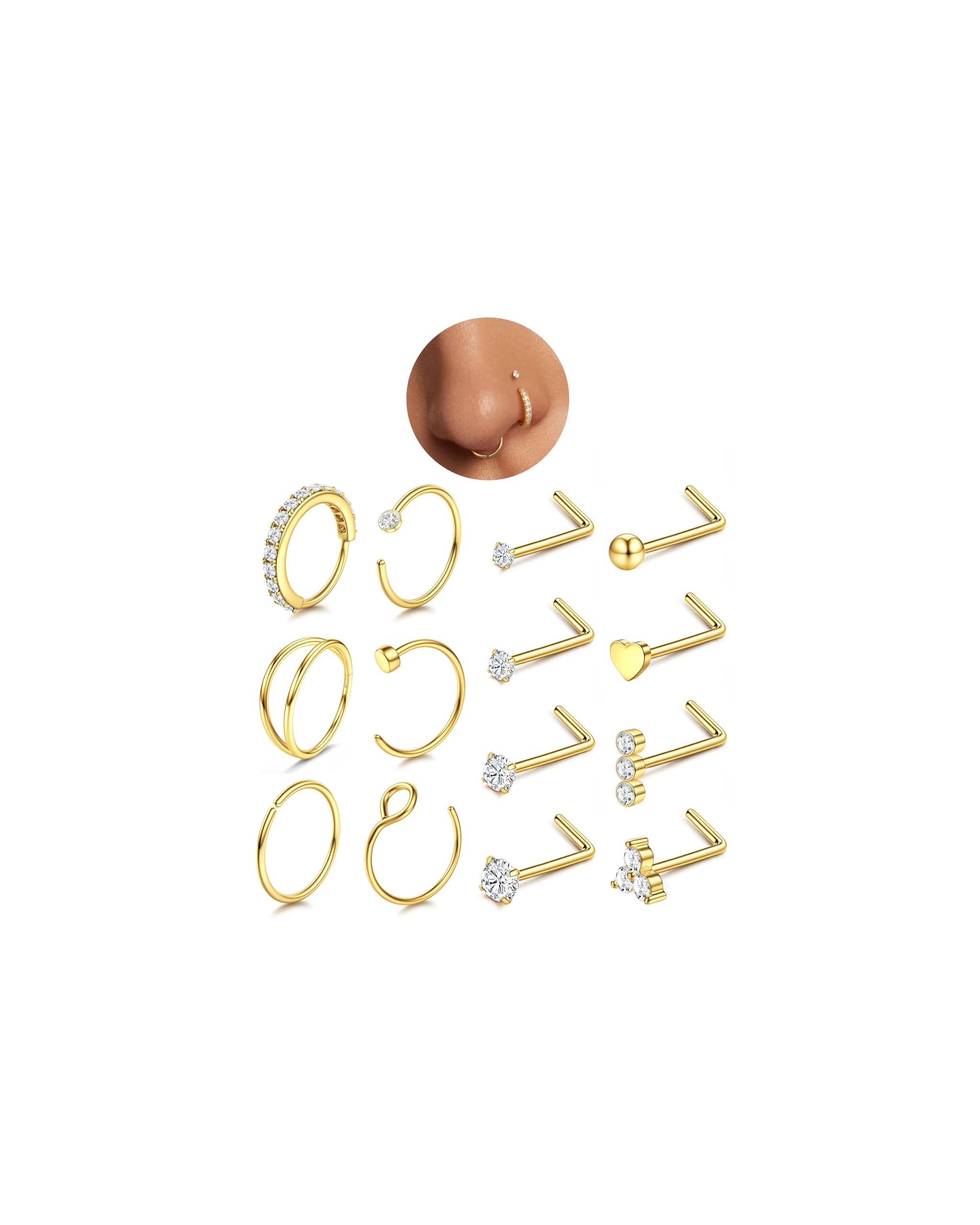 CASSIECA 14Pcs 20G Piercing Nez Acier Chirurgical Percing au Nez Argent