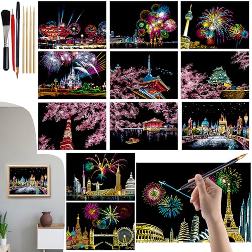 VLYX Kratzkunst für Erwachsene und Kinder - 12-teiliges Set Regenbogen-Kratznotizen mit Kratzwerkzeugen, Kreative Bastelmaterialien für Kinder & Erwachsene (Feuerwerks-Serie)