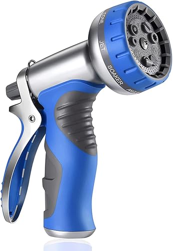 Sxdthy Heavy Duty Metal Garden Hose Nozzle with 9 Adjustable Spray Patterns, 8-10m Range - Blue Sxdthy Heavy Duty Metal Garden Hose Nozzle with 9 Adjustable Spray Patterns, 8-10m Range - Blue