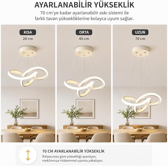 Aura Beyaz UltraPower LED Avize, Modern Sarkıt Tasarım, Alüminyum Gövde, 6500K Beyaz Işık, 36W, 25 cm Çap, Ayarlanabilir Yükseklik [Enerji Sınıfı A]