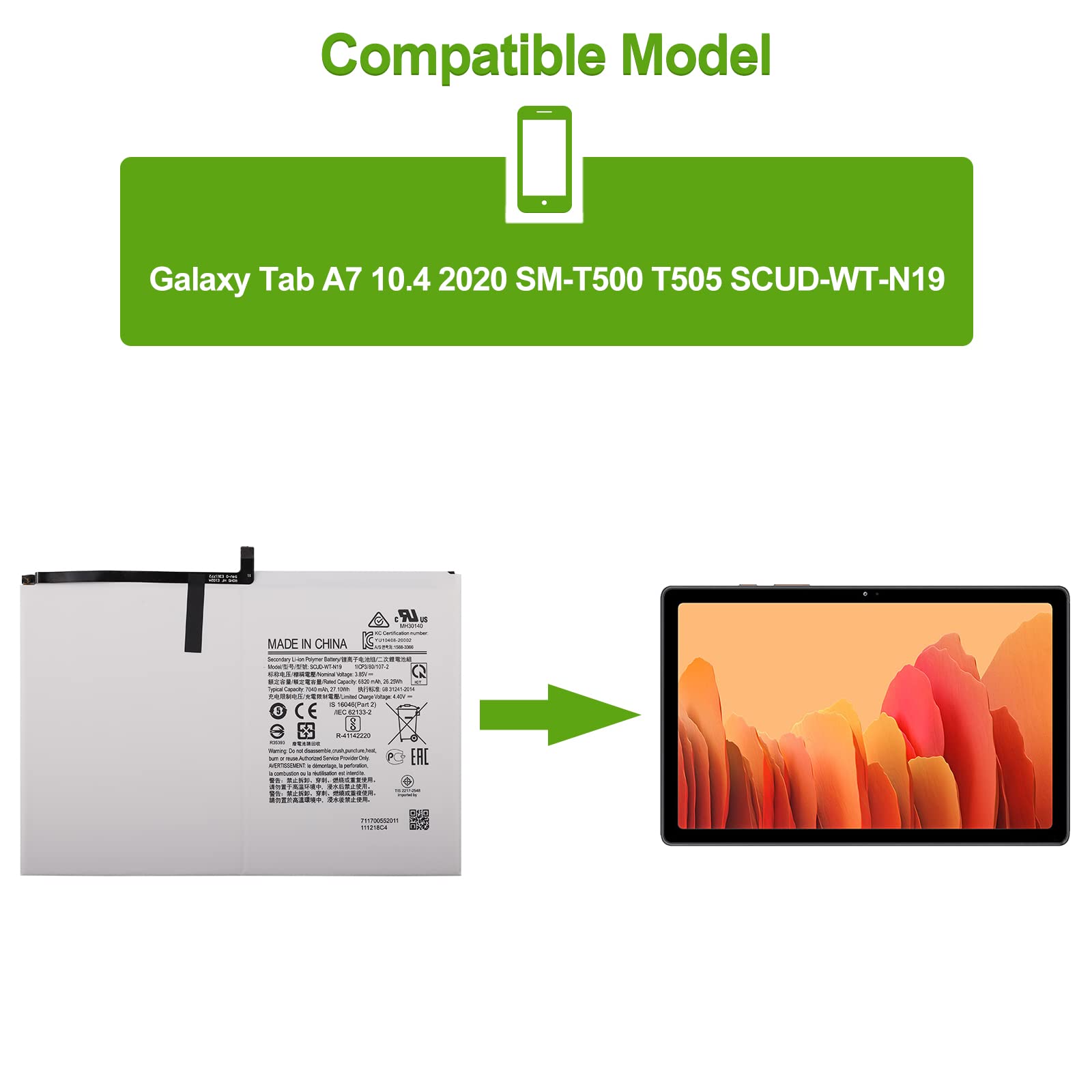 Batterie de rechange compatible avec Samsung Galaxy Tab A7 10.4 2020 SM-T500 T505 SCUD-WT-N19 avec kit d'outils