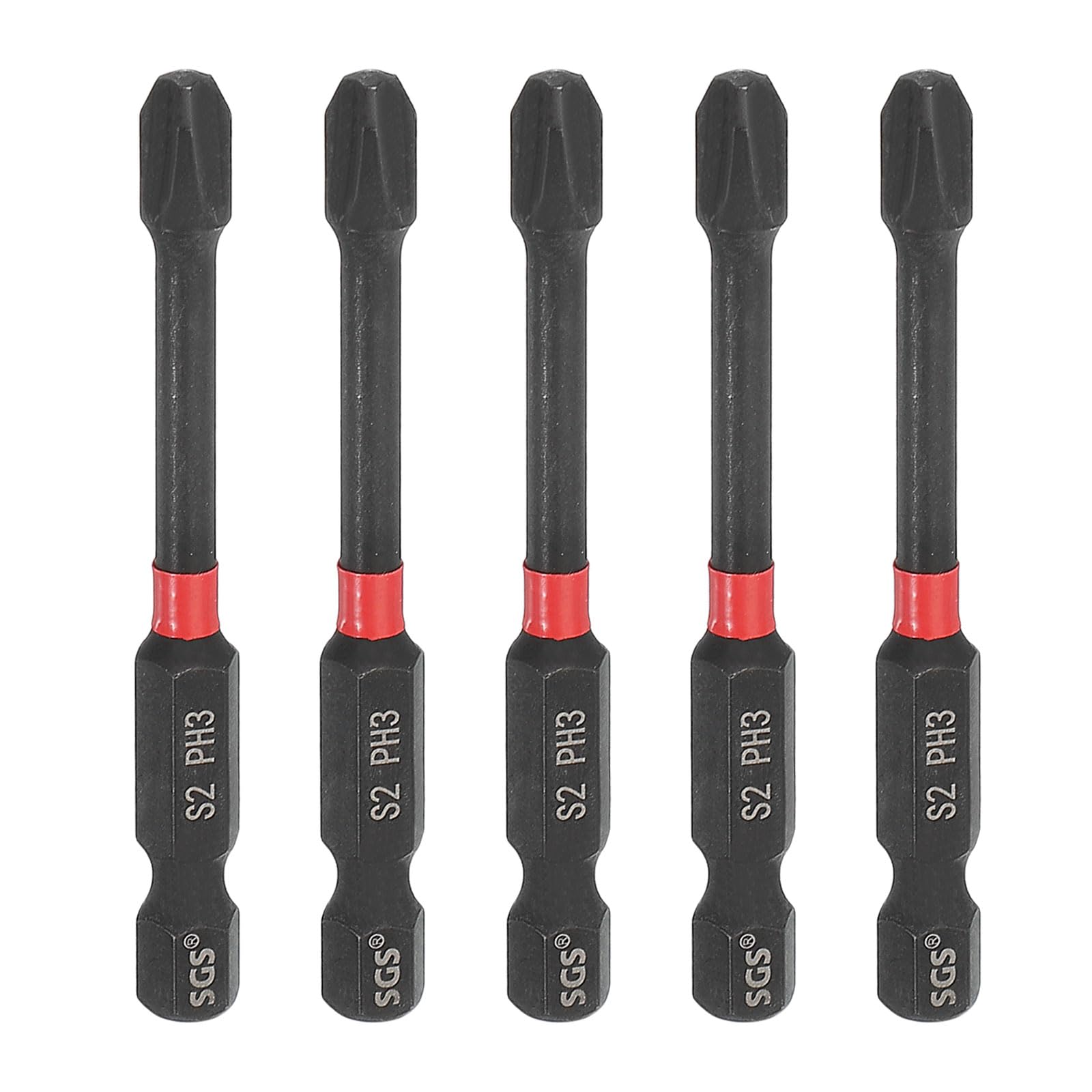 sourcing map 5pcs #3 Phillips Impact Screwdriver Bit PH3 1/4" Hex Shank 2.6" (65mm) Long Magnetic Cross Head Drill Bits S2 Steel Industrial Screw Driver for Impact Power Drivers, Black/Red