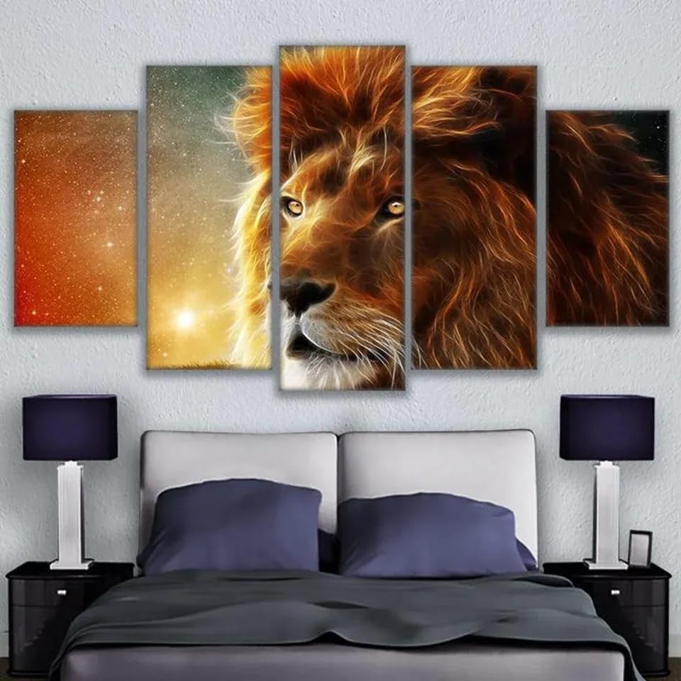 Lienzo decorativo de leon majestuoso en 5 piezas para estancias premium