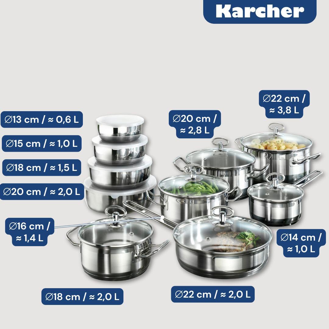 Karcher Set Pentole in Acciaio Inox 20 Pezzi con Coperchi | Batteria di Pentole Completa per Cucina, Induzione, Gas ed Elettrico | Casseruole, Padelle e Saladiere per Casa e Famiglia