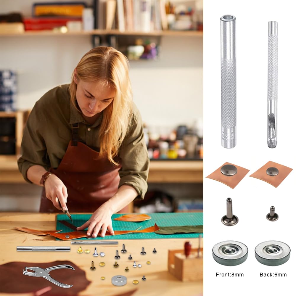 360 Pcs Ribattini per Cuoio,Borchie per Tessuti Decorative,Borchie per Pelle,Borchies per Borse Fai da Te,Rivetti a Doppio Tappo,Ribattini per Metallo con Punch Pinze,Rivetto Doppio Cappuccio