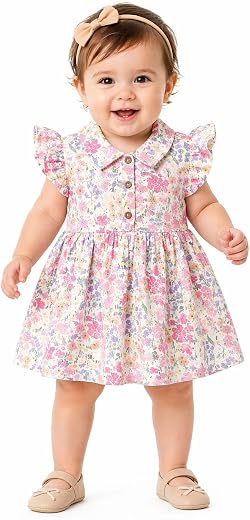 Spring Garden Blossom Dress for Baby Girls, Floral Print, Flutter Sleeves, Peter Pan Collar Pink