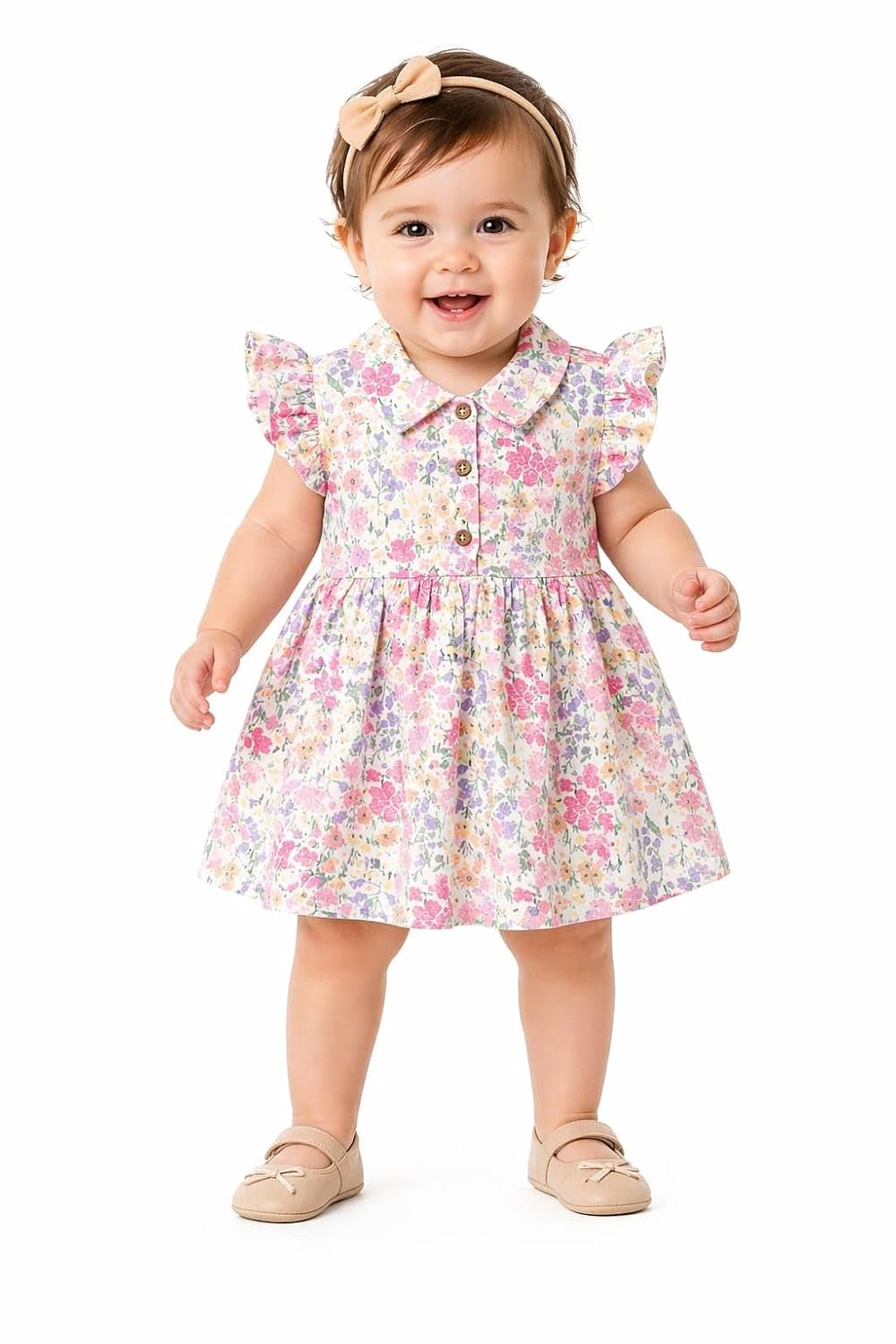Spring Garden Blossom Dress for Baby Girls, Floral Print, Flutter Sleeves, Peter Pan Collar Pink