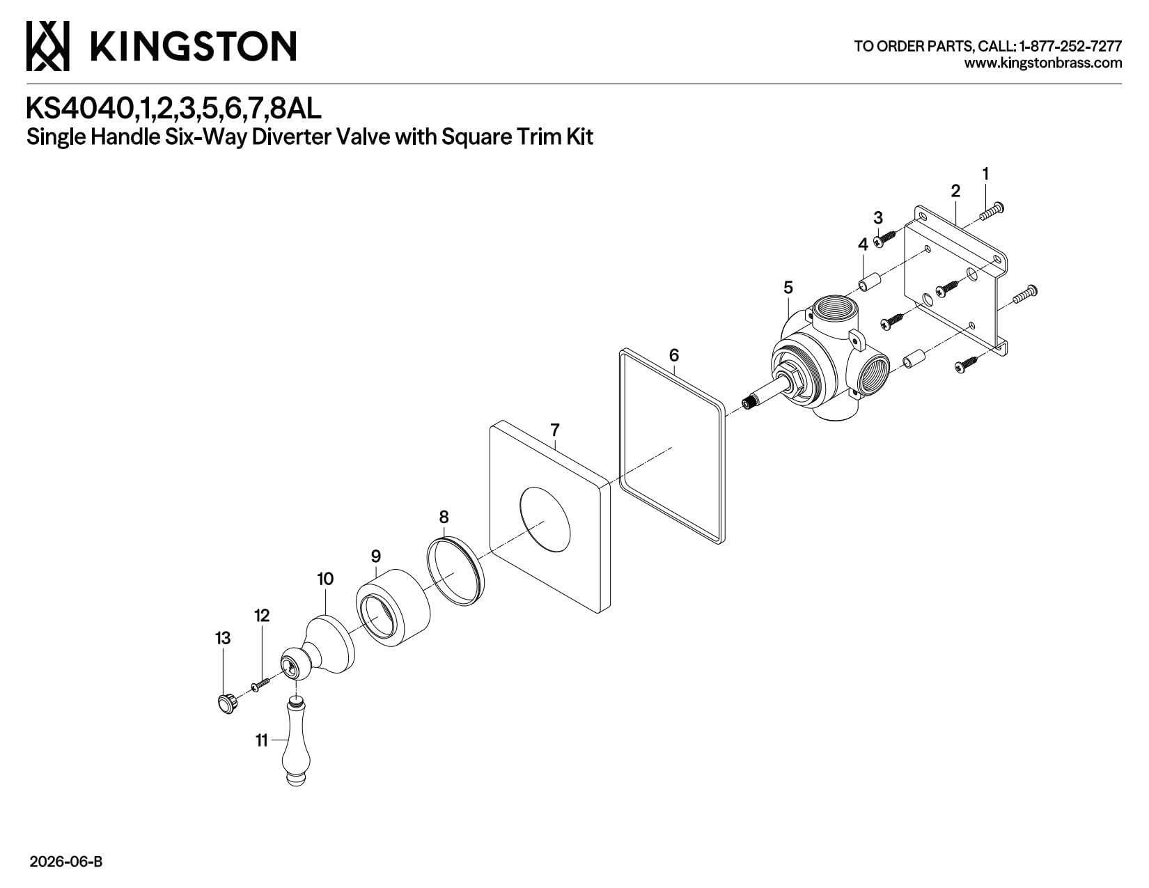 Kingston Brass KS4048AL - Válvula desviadora de seis vías de restauración de un solo mango con kit de molduras, níquel cepillado