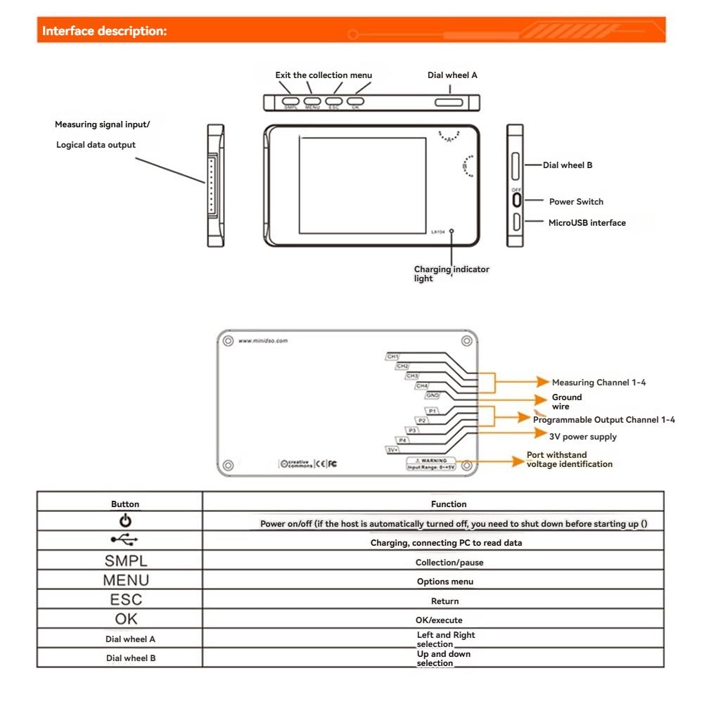 Digitaler Logikanalysator LA104, 4-K-Oszilloskop, SPI IIC, UART, programmierbar, maximale Abtastrate von 100 m, Sa/S