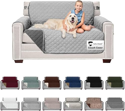 Sofa Shield - Funda para sofá Loveseat con correa patentada, protector de cojín, funda reversible contra manchas y desgarros por perros, diseñada en