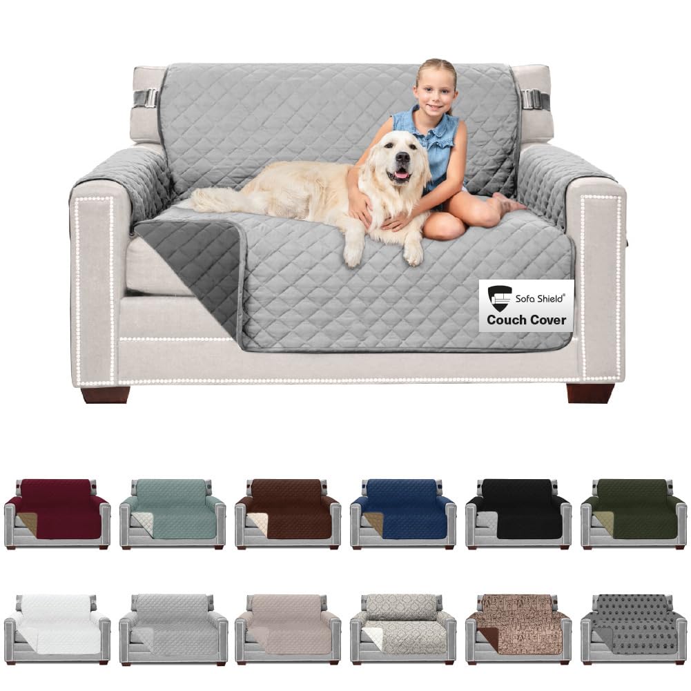 Sofa Shield Loveseat Slipcover Patented Strap Stain Dog Tear Resistant 54 Inch Seat Light Gray Charcoal for Pets