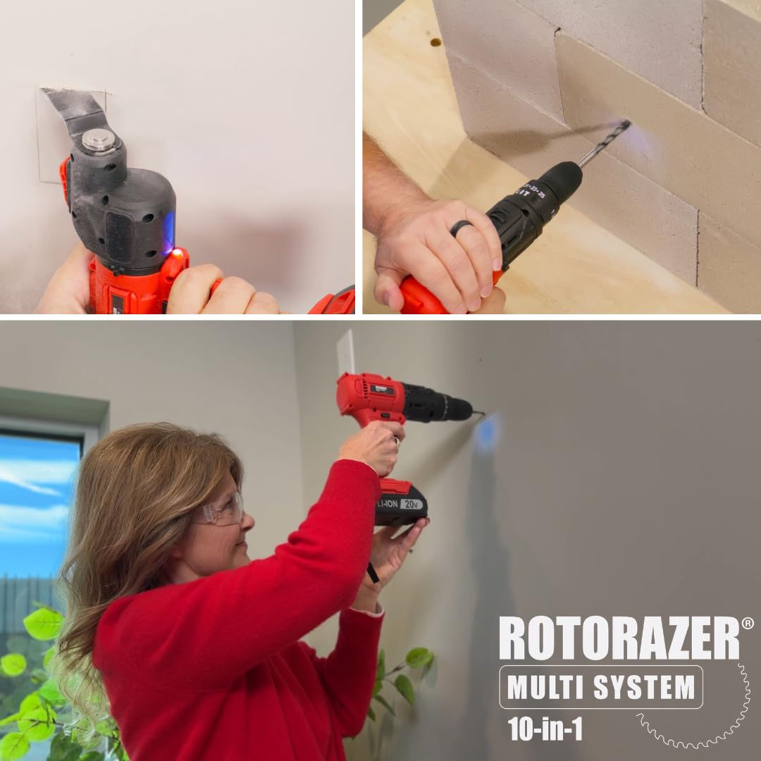 Rotorazer Multi System 10 in 1 - Multiutensile wireless 20 V: Trapano a percussione, seghetto alternativo, smerigliatrice, levigatrice e oscillante, kit completo con valigetta e batteria 1500 mAh