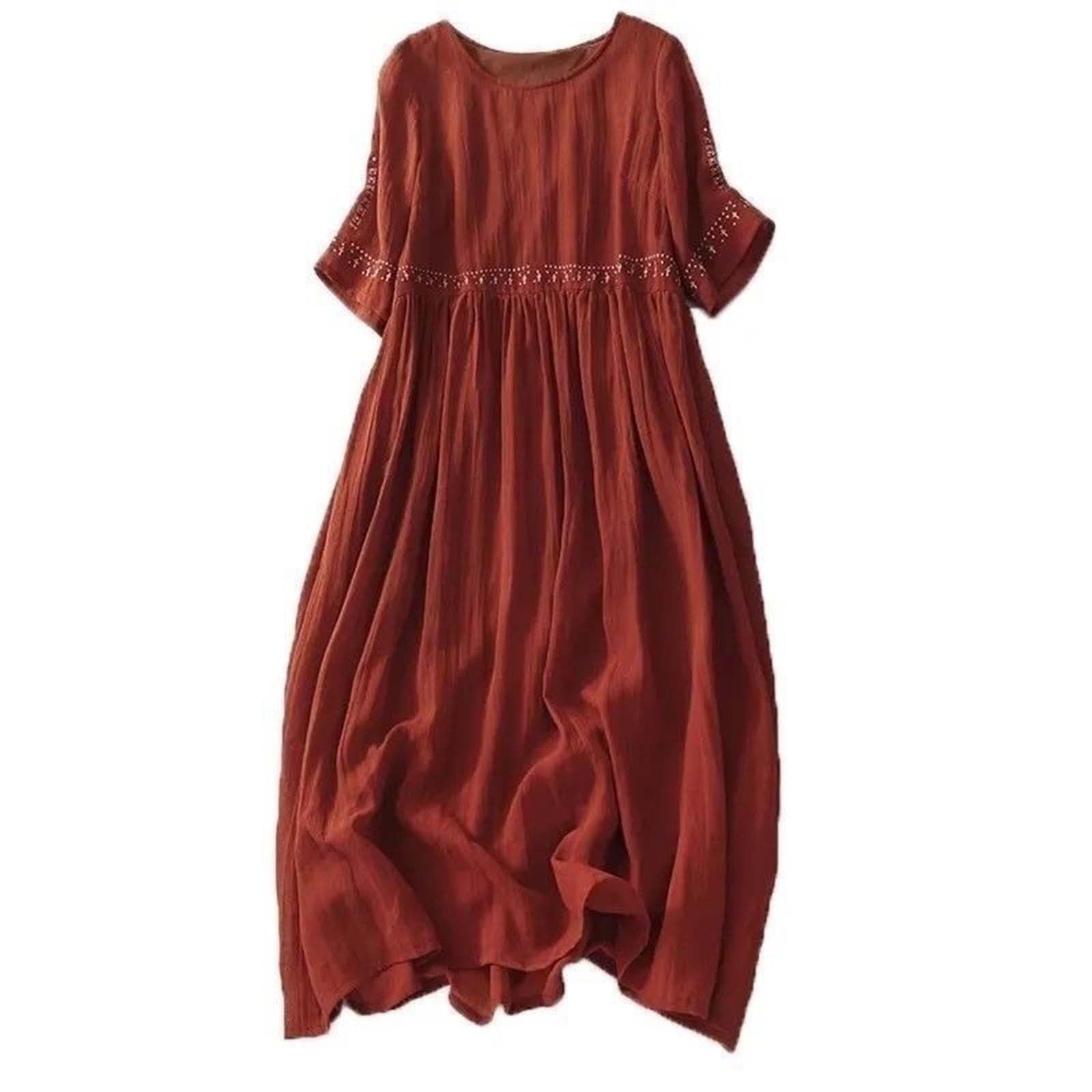 Plus Size Letnia Sukienka Maxi Stylu Boho, Haftowana, Bawełniana Lniana Midi Krótkim Rękawem, Zwiewna